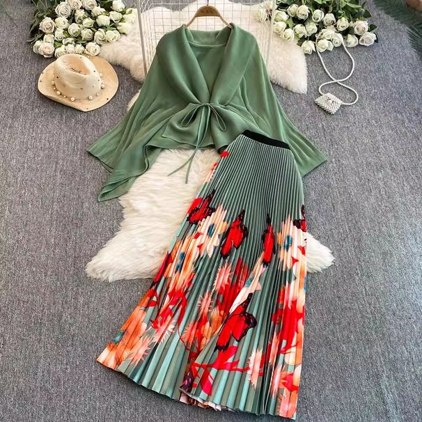Women's Oversized Tie Waist Batwing Sleeve Pleated Top With High Waisted Printed Skirt Set American Style Loose Fit For Spring/Autumn Summer_ecoleips.com