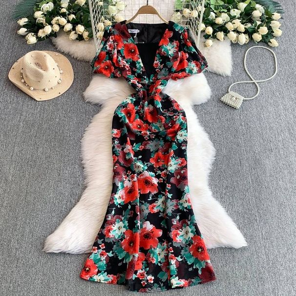 Women's Clothing High Grade Temperament Printed V Neck Puff Sleeve Dress Summer Slim And Elegant Fishtail Dress Long Skirt_ecoleips.com