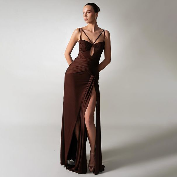 Women's Clothing Style Sexy Slim Fit Long Beach Dress Backless Coffee Color Ruffled Ribbon Detail For Formal & Casual For Women_ecoleips.com
