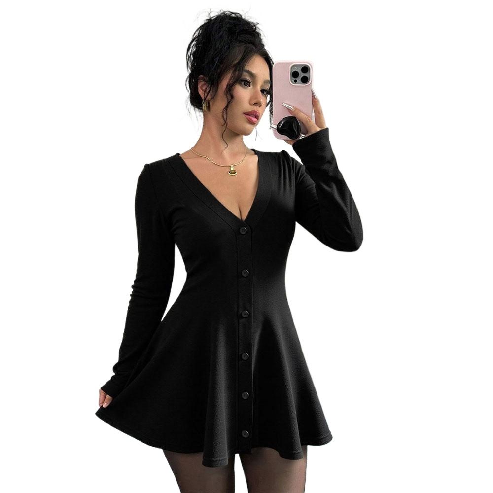2026 Spring/Summer New Women's Knitted Flower-Petal Bottom V-Neck Petite Shangxia Long-Sleeved Solid Color Mini Dress_ecoleips.com