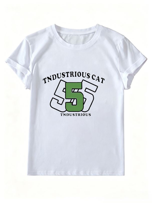 Women Vintage 55 Number Industrious Cat Letter Graphic T Shirt Round Neck Short Sleeve Loose College Streetwear Summer Tops_ecoleips.com