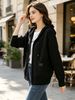 Solid Black Zip Up Drawstring Hood Pit Rib Knit Cardigan, Loose Lightweight Breathable Soft Skin-touch Long Sleeve Pocket Sweater_ecoleips.com