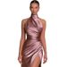 YJ23556 Best-Selling Evening Elegant Slit Halter Neck Sleeveless Party Pleated Long Dress For Women_ecoleips.com