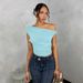 Women's Short Sleeved Asymmetrical Shoulder Top With Ruffles Solid Color For Autumn Spring_ecoleips.com