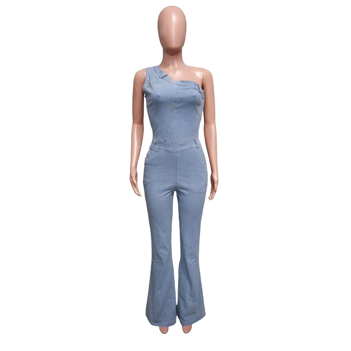 K Slanted Shoulder Tight Waist Slim Fit Elastic Denim Jumpsuit Jumpsuit Flared Pants_ecoleips.com