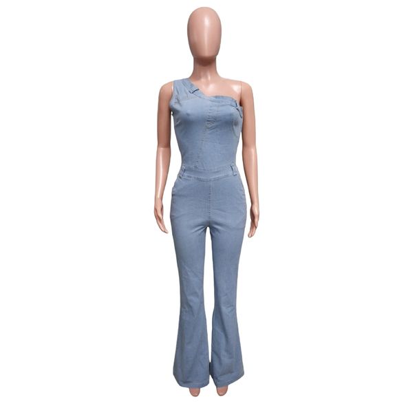 K Slanted Shoulder Tight Waist Slim Fit Elastic Denim Jumpsuit Jumpsuit Flared Pants_ecoleips.com