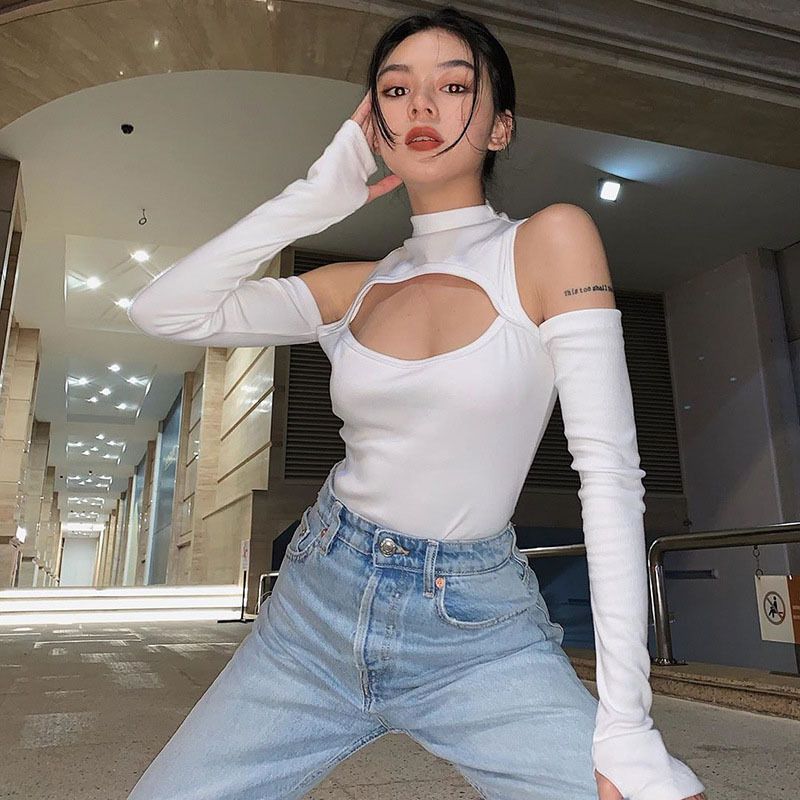 Women's High Neck Hollow out off Shoulder Jumpsuit Slim Fit Long Sleeve Trendy Street Fashion European American Style Autumn New_ecoleips.com