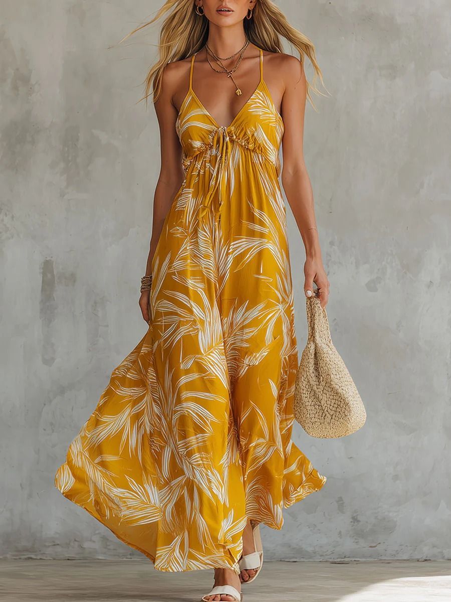 Vintage Floral Print Chiffon Maxi Dress - Sleeveless V-Neck A-Line Summer Dress For Women, Boho Chic Yellow Geometric Pattern, Lightweight Polyester_ecoleips.com