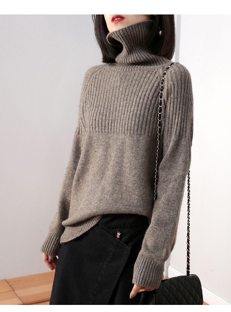 Korean-Style Oversized High Neck Sweater – Women’s Chunky Knit Pullover In Acrylic Blend (Gray/Black/Taupe/Brown/Beige)_ecoleips.com