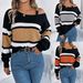 Contrasting Striped Lantern Sleeve Metal Buckle Off-Shoulder Pullover Sweater Women's Clothing_ecoleips.com