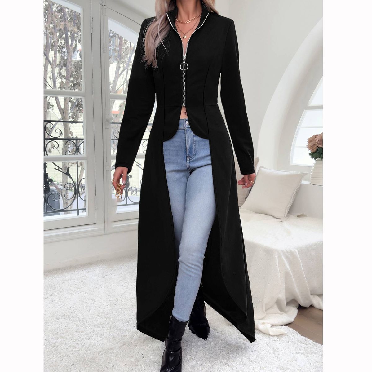 Women's Clothing Spring And Autumn Zipper Front Long Sleeve Short Front Back Long Size Dress_ecoleips.com