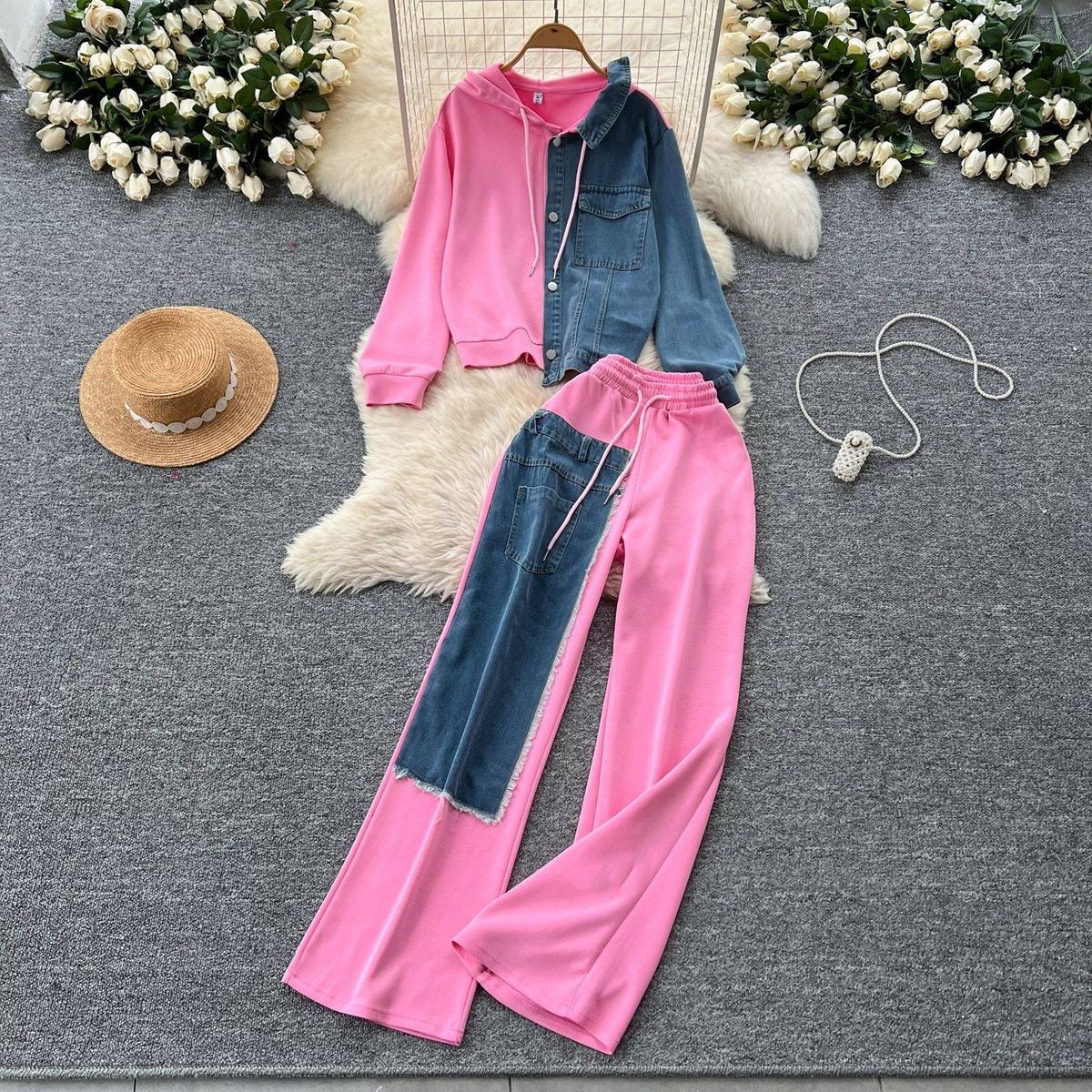 Women's Clothing Fashionable Design, Splicing Two Piece Hooded Sweatshirt, High Waist Denim Splicing Wide Leg Pants_ecoleips.com
