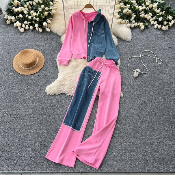 Women's Clothing Fashionable Design, Splicing Two Piece Hooded Sweatshirt, High Waist Denim Splicing Wide Leg Pants_ecoleips.com