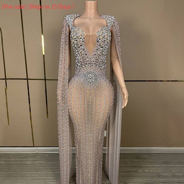 Women's Clothing Deep V Diamond Luxury Cocktail Party Evening Dress Pageant Model Catwalk Performance Costume(Pre-sale | Ships In 15 Days )_ecoleips.com