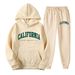 Women's Autumn And Winter Casual Fashion California Letter Pattern Printed Thick Fleece Warm Hooded Sweatshirt+sports Pants Set-691_ecoleips.com
