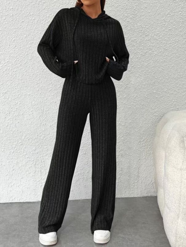 Loose-Fitting Hooded Knit Striped Sweatshirt Set With Long Sleeves Wholesale Casual Women's Clothing_ecoleips.com