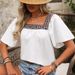 Elegant Summer Vacation Blouse With Lace Embroidery, Square Neckline & Peek-A-Boo Back Detail – Flowy Short Sleeve Top For Women_ecoleips.com