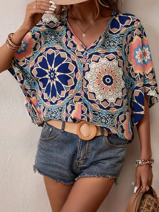 European American Retro Floral Print V Neck Shirt Loose Fit Drop Shoulder Three Quarter Sleeve Top for Summer 2025_ecoleips.com