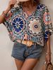 European American Retro Floral Print V Neck Shirt Loose Fit Drop Shoulder Three Quarter Sleeve Top for Summer 2025_ecoleips.com
