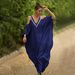 Women's V Neck Off-Shoulder Beach Dress Gold Edged Loose plus Size Maxi Holiday Dress Bikini Cover up Sunscreen Clothing_ecoleips.com
