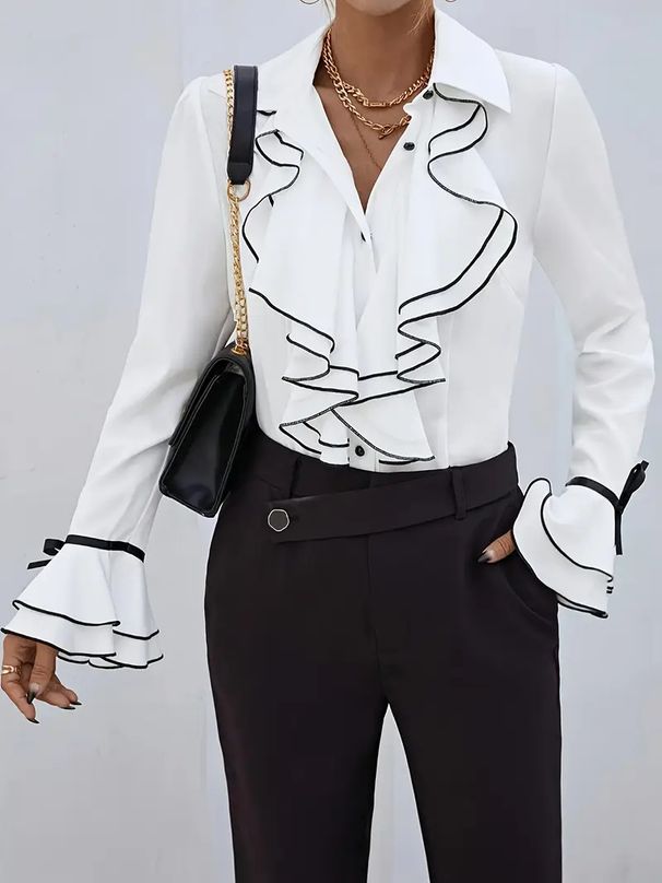 Women's Clothing Spring New Solid Color Casual Ruffled Trumpet Sleeve Shirt Tops_ecoleips.com