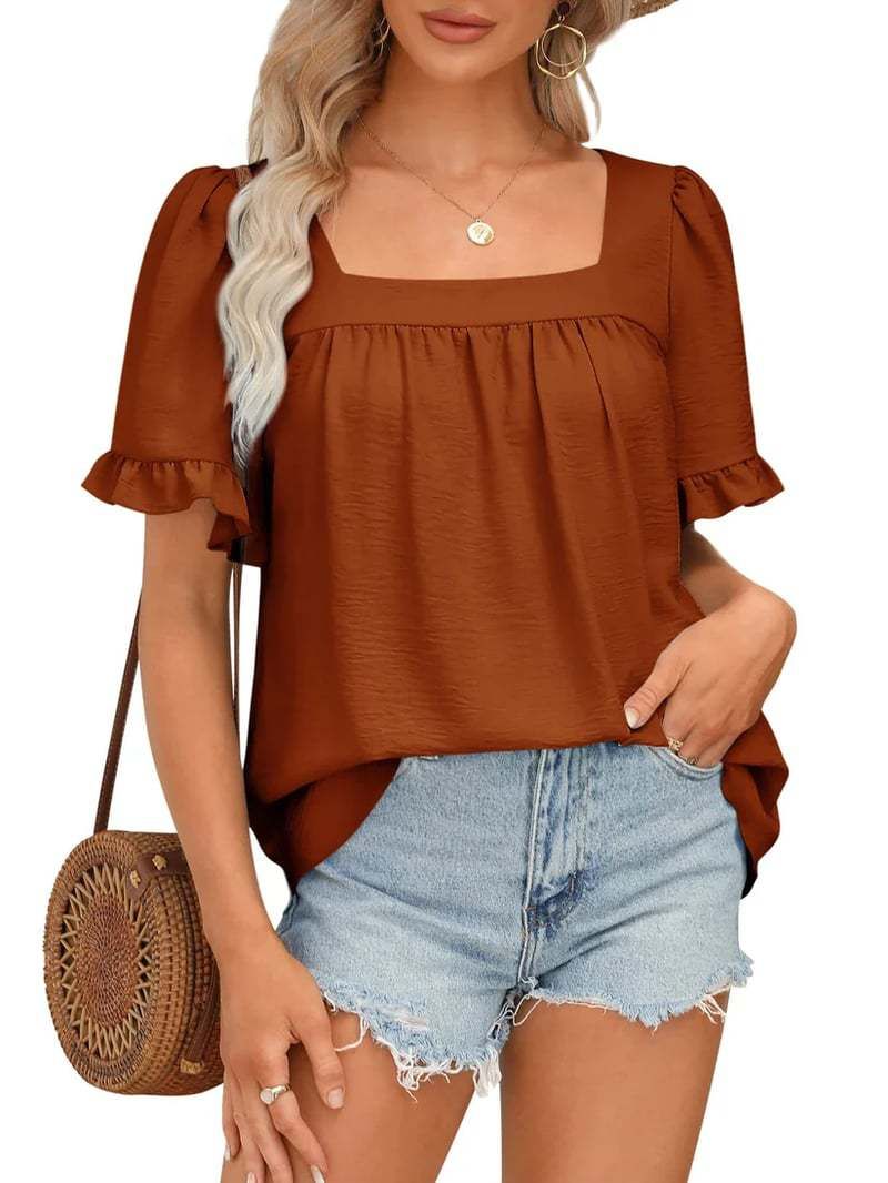 New European And American Style Cross-border Hot-selling T-shirt 2026 Summer Fashion Solid Color Square Neck Ruffled_ecoleips.com