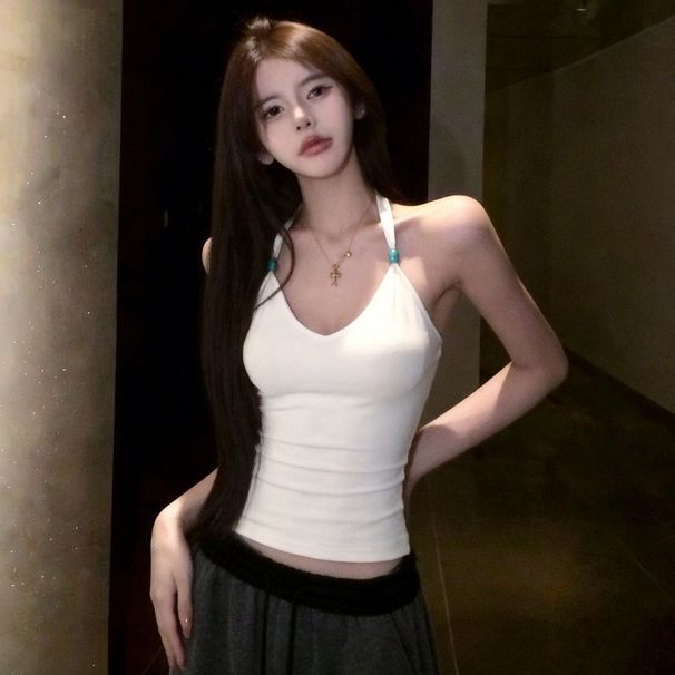 Spicy Girl Style, Simple And Versatile French V-neck Beaded Halter Neck White One-piece Tank With Beautiful Back Design,_ecoleips.com