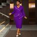 Plus Size V-Neck Long Sleeve Dress – Elegant Rhinestone & Ruffle Evening Gown For Women (0XL-4XL, Purple/Red/Blue)_ecoleips.com