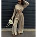 Women's clothing fashion solid color lace short long-sleeved top wide-leg pants two-piece set_ecoleips.com