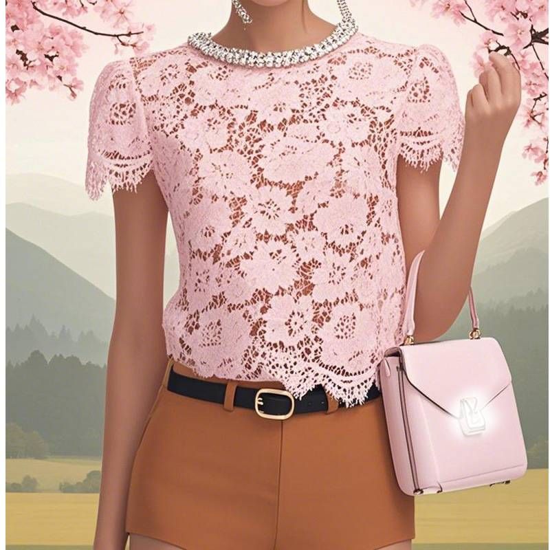 Women's Pink Lace Top - Sweet & Sexy Hollow Beaded Short Sleeve Shirt, Round Neck Spring/Summer Blouse_ecoleips.com