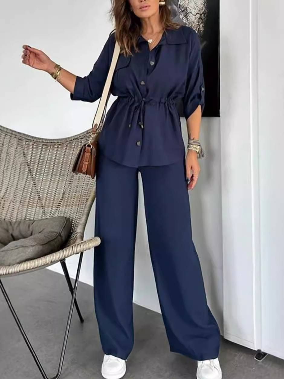 Women's Clothing Autumn Fashion Loose Casual Solid Color Drawstring Patch Pocket Button Suit_ecoleips.com