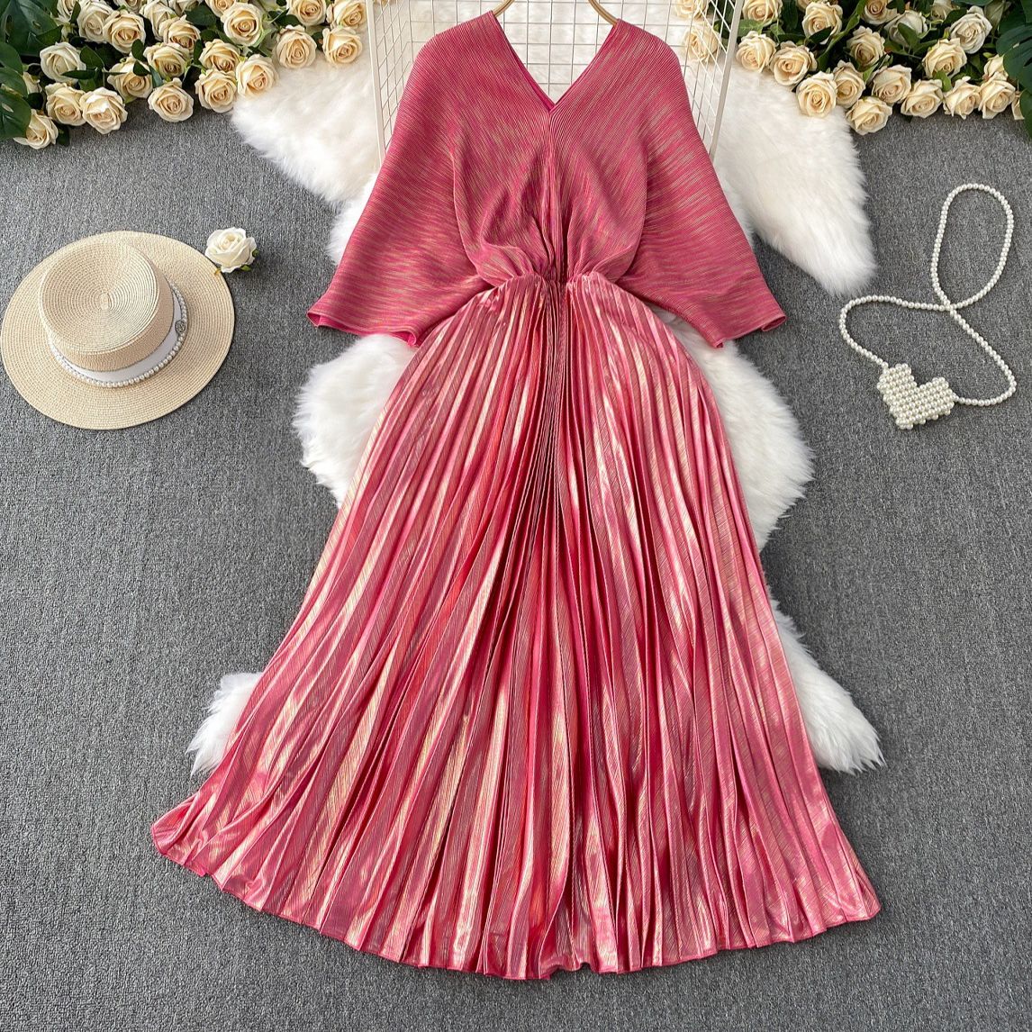 Women's Clothing Pleated Elegant Temperament Bat Sleeve Dress Female Summer New Waist Slim Pleated Dress Skirt_ecoleips.com