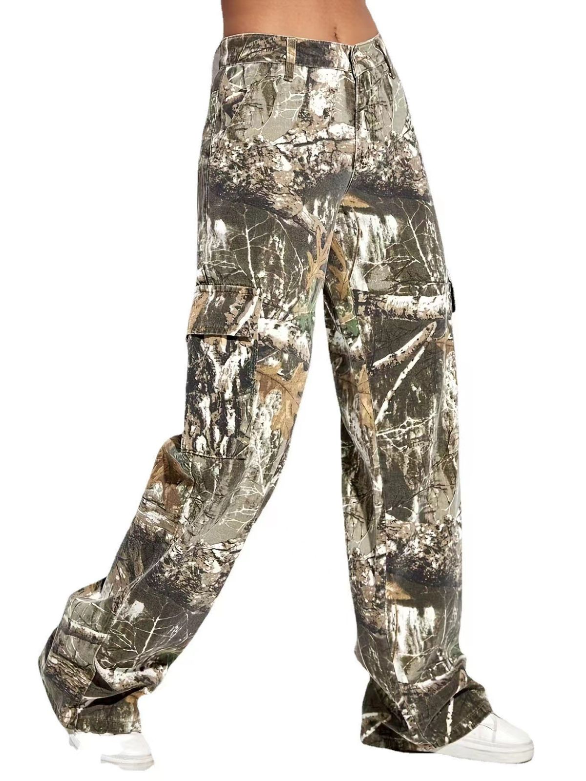 Women's Printed Cargo Jeans - High-Waisted Straight-Leg Denim Pants With Artistic Floral Design (XS-2XL, Unique Woodland Print)_ecoleips.com
