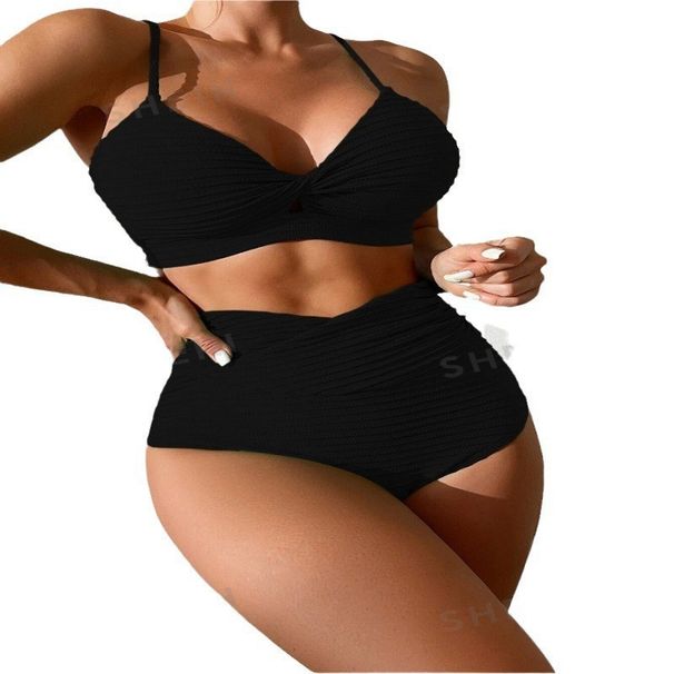 Women's High-Waist Push-Up Bikini Set – Solid Color Two-Piece Swimwear With Removable Padded Cups_ecoleips.com