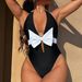 Elegant Black One-Piece Swimsuit With Bow Tie & Contrast Stitching – Slimming High-Cut Design, Soft Nylon Blend (S/M/L)_ecoleips.com