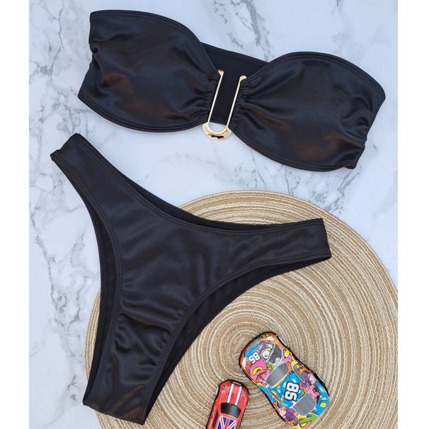 Glossy Satin Strapless Bandeau Bikini Set Front Metal Buckle High Cut Two Piece Beach Swimsuit_ecoleips.com
