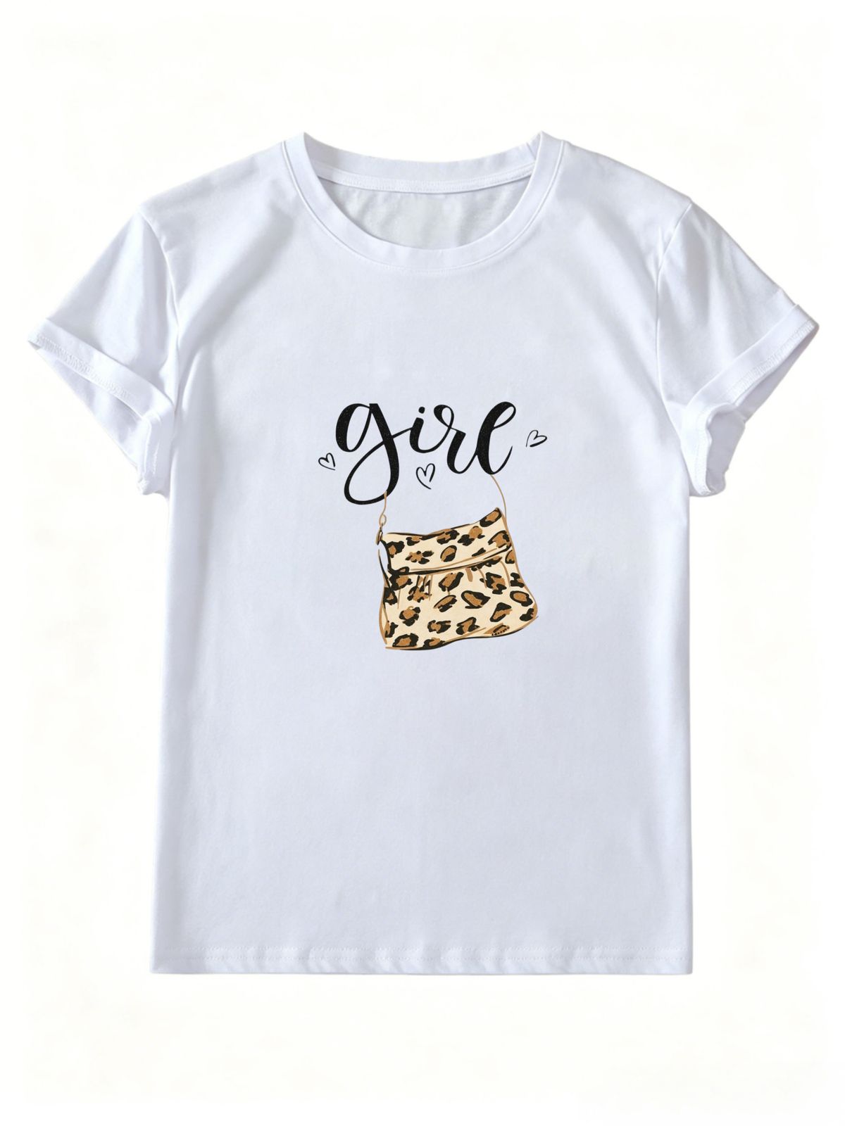 Girl Script Leopard Handbag Tiny Heart Graphic Women Short Sleeve Casual T-Shirt_ecoleips.com
