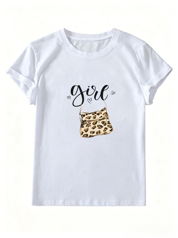 Girl Script Leopard Handbag Tiny Heart Graphic Women Short Sleeve Casual T-Shirt_ecoleips.com