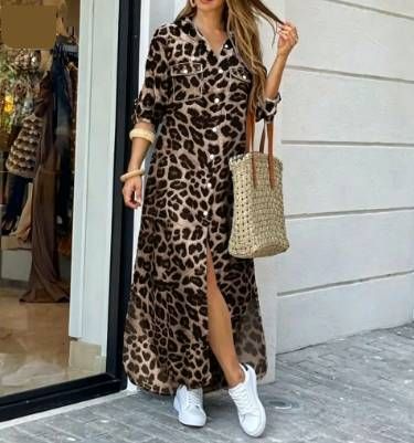 Elegant Leopard Print Long Sleeve Shirt Dress With High Slit - V-Neck A-Line Tunic For Women, Plus Size Available_ecoleips.com