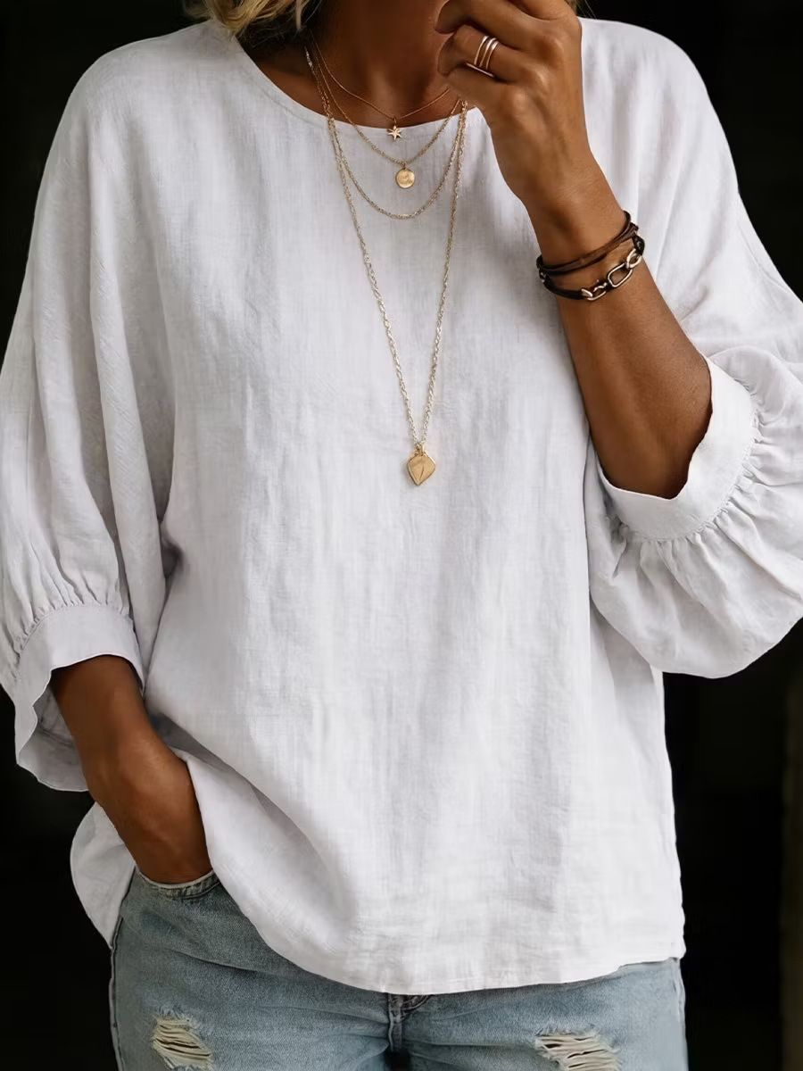 New 2026 Women's Casual Cotton Linen Top Loose round Neck Nine Sleeve Shirt Comfortable Linen Blend Fashionable Women's Clothing_ecoleips.com