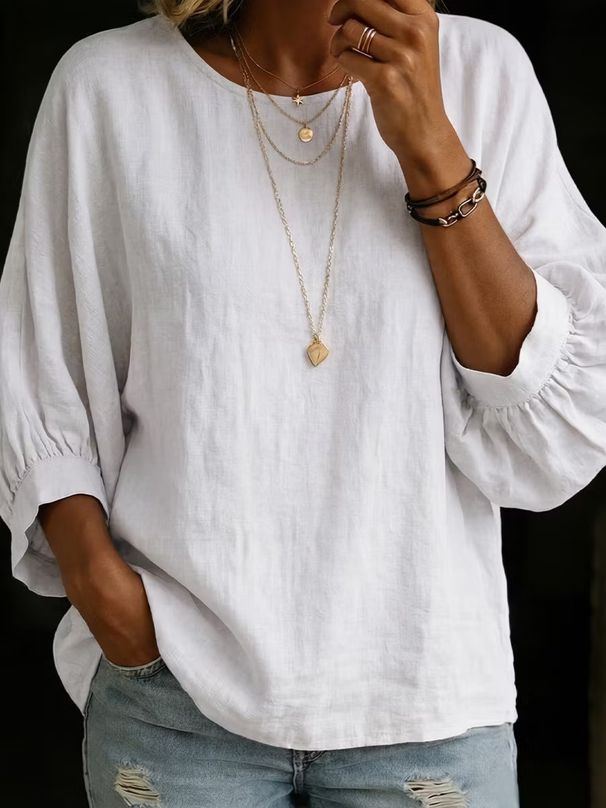 New 2026 Women's Casual Cotton Linen Top Loose round Neck Nine Sleeve Shirt Comfortable Linen Blend Fashionable Women's Clothing_ecoleips.com