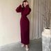 Elegant Wrap Midi Dress With Ruched Waist - Long Sleeve Bodycon Dress In Deep Red & White (S-XXL)_ecoleips.com