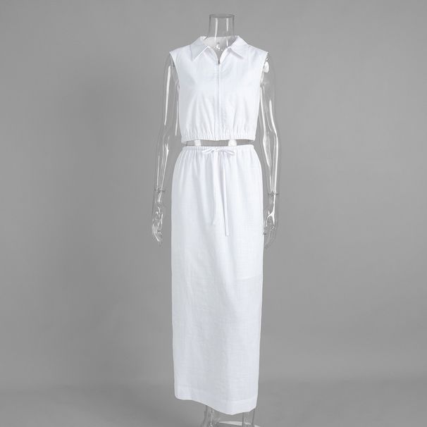 Women's Clothing Sleeveless Vest Dress Set Japanese Korean Style Lapel Zipper Design Casual Skirt With Slit Spring Summer_ecoleips.com