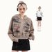 Women's American Retro Street Graffiti Print Hooded Cardigan Sweatshirt Loose Fit Versatile Outerwear Spring Autumn Style 2025_ecoleips.com