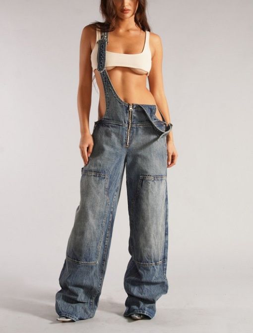 Aria Basics European And American Women's Fashion Cross-border Zipper Denim Overalls Autumn Style Loose Casual Pocket Pants YX70056_ecoleips.com