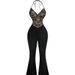 Women's Black Lace Trimmed Flared Jumpsuit Halter Neck Elegant European American 2026 Sexy Romper_ecoleips.com