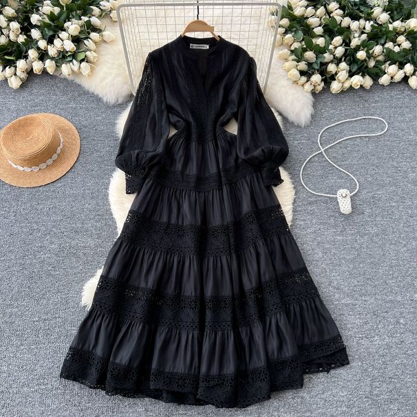 Women's Clothing V-neck Lace Stitching Waisted Long-sleeved Dress_ecoleips.com