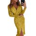 Women's Metallic Gold V-Neck Midi Dress - Long Sleeve Bodycon Dress With High Slit (Sexy Evening Gown Slim Fit Party Dress)_ecoleips.com