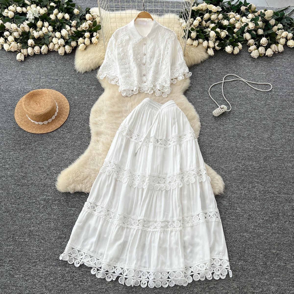Vintage French Lace Crochet Blouse & High Waist Skirt Set - Boho Chic Floral Embroidery Summer Outfit_ecoleips.com