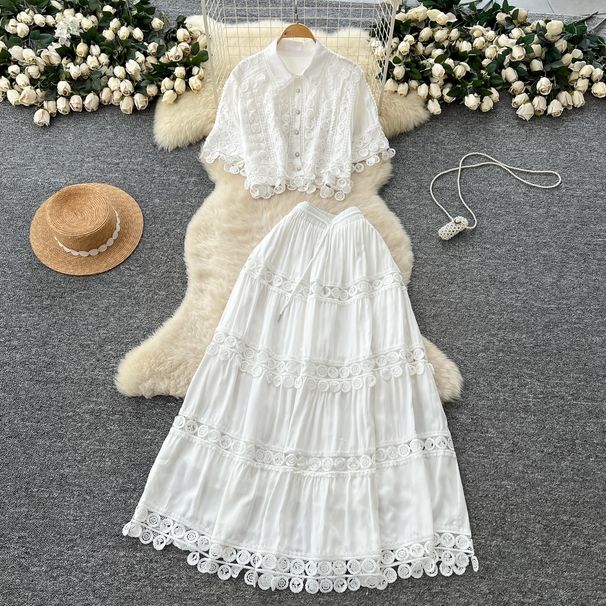 Vintage French Lace Crochet Blouse & High Waist Skirt Set - Boho Chic Floral Embroidery Summer Outfit_ecoleips.com
